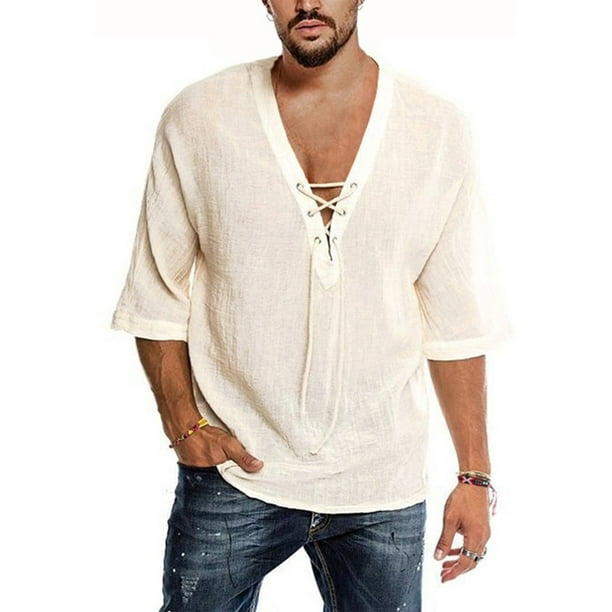 Men V-Neck Top Blouses Folk-custom Mens Shirt Cotton and Linen Hippie Shirts Hot
